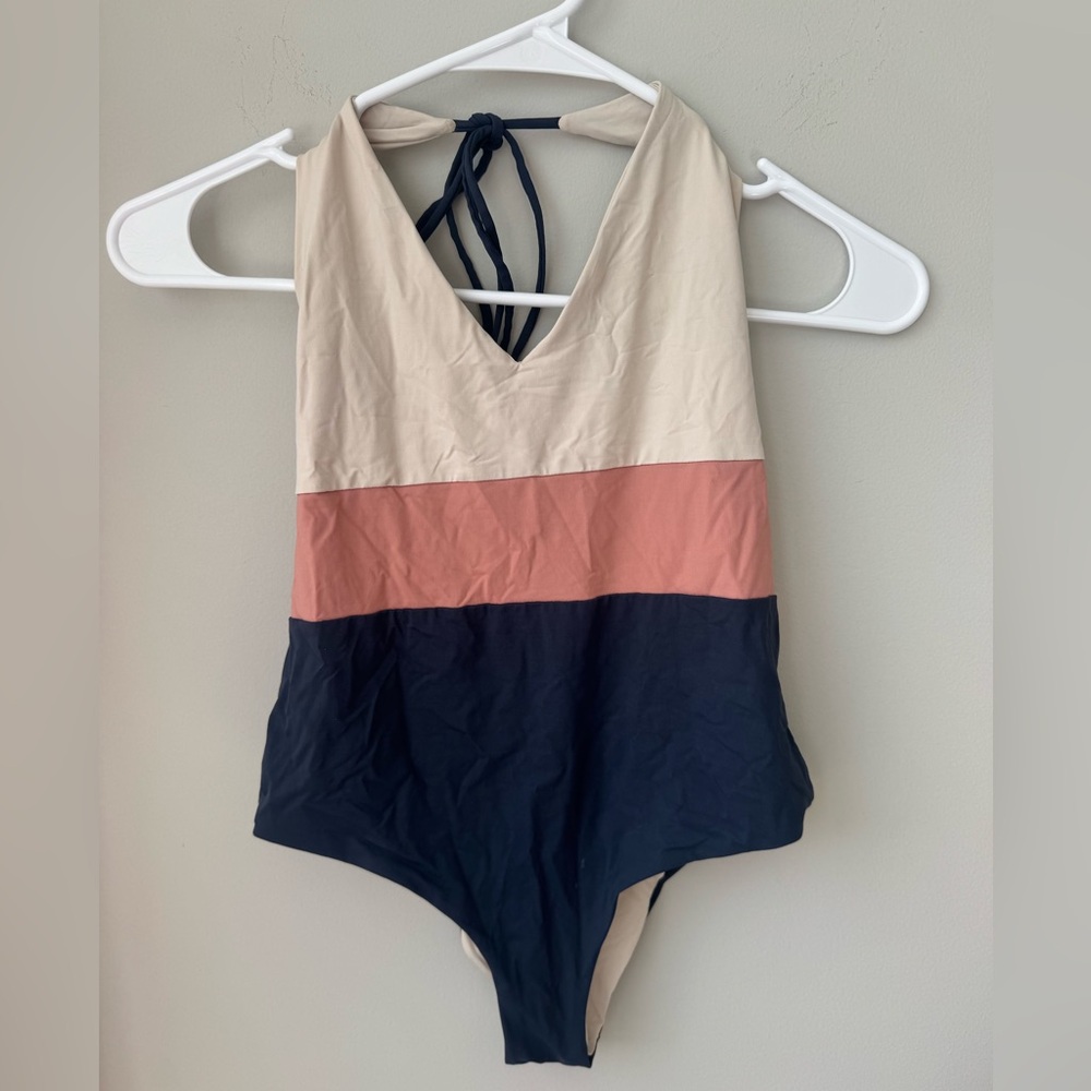 Women’s Colorblock Halter One-Piece Swimsuit - Cream, Rose, Navy